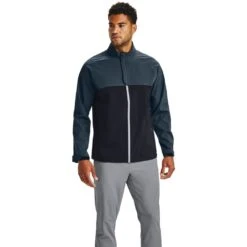 Under Armour Men's UA Golf Rain Jacket - Black / Mechanic Blue -Golf Equipment Store 1342717 002 FC Main